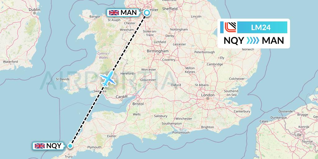 LM24 Loganair Flight Map: Newquay to Manchester