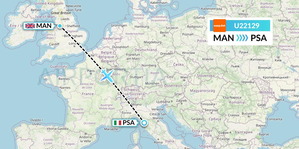 U22129 EasyJet Flight Map: Manchester to Pisa