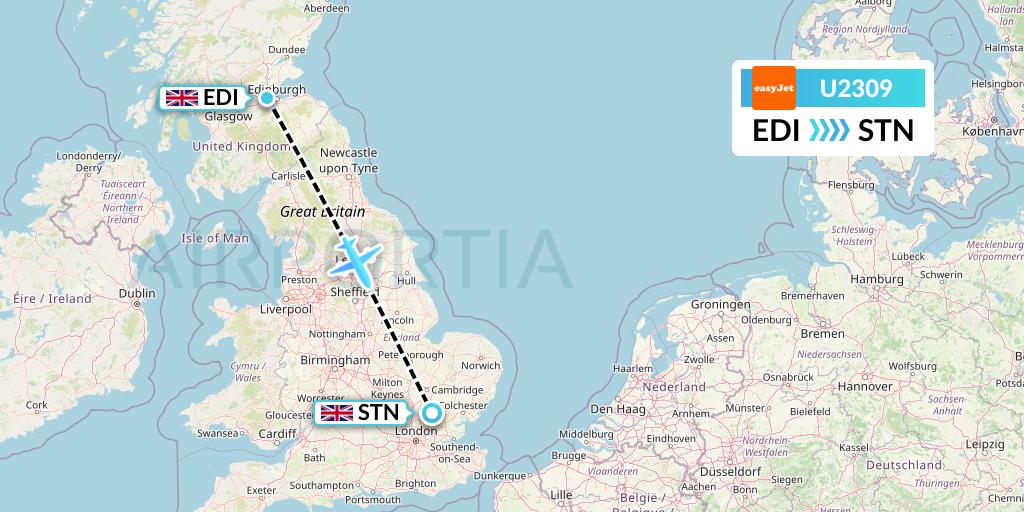 U2309 EasyJet Flight Map: Edinburgh to London