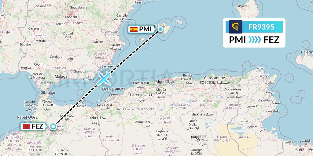 FR9395 Ryanair Flight Map: Palma de Mallorca to Fes