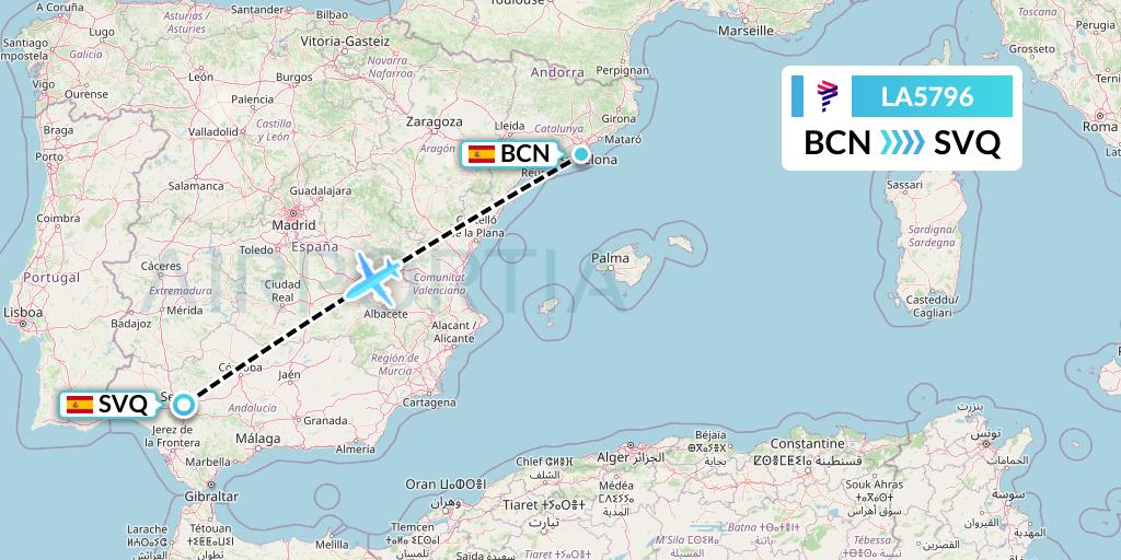 LA5796 LAN Airlines Flight Map: Barcelona to Seville