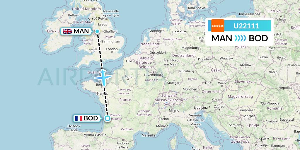 U22111 EasyJet Flight Map: Manchester to Bordeaux