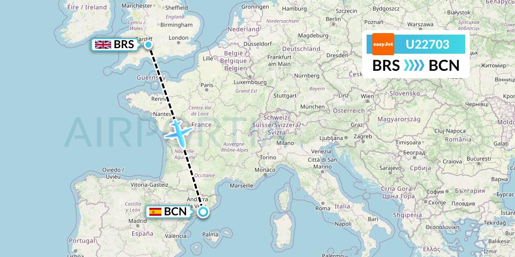 U22703 EasyJet Flight Map: Bristol to Barcelona