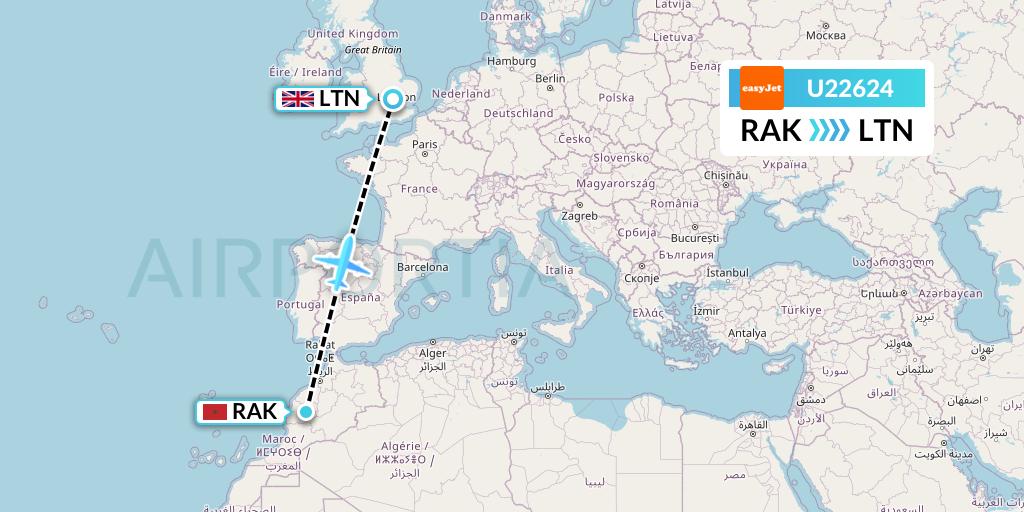 U22624 EasyJet Flight Map: Marrakesh to London