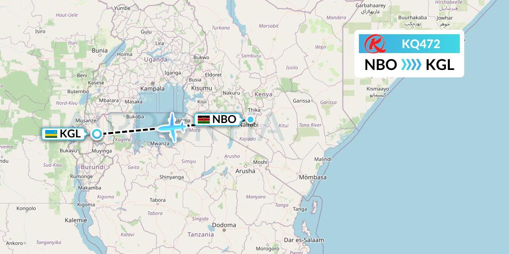 KQ472 Kenya Airways Flight Map: Nairobi to Kigali