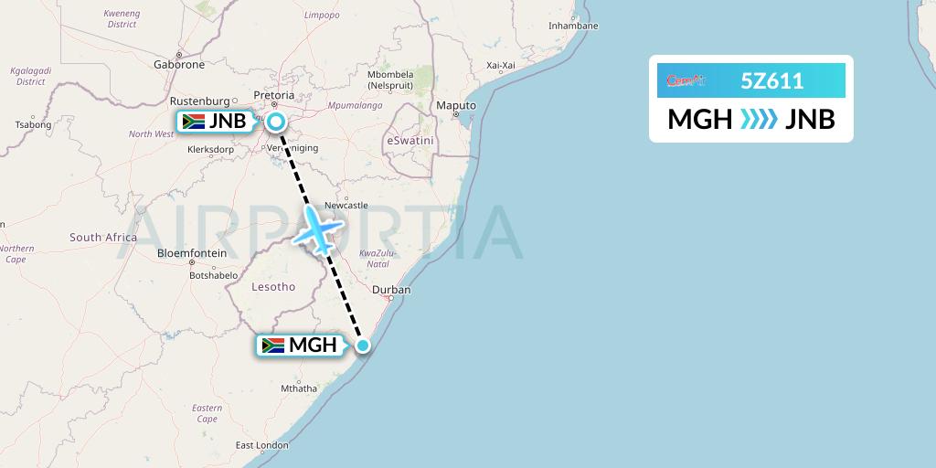 5Z611 CemAir Flight Map: Margate to Johannesburg