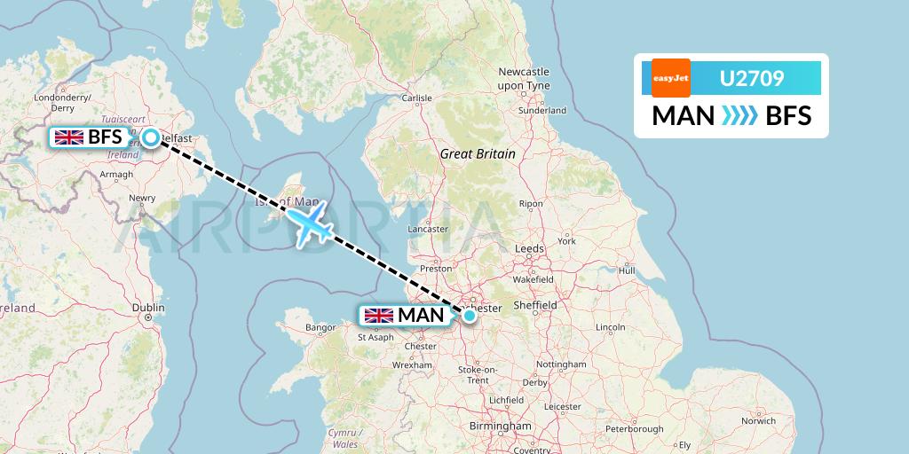 U2709 EasyJet Flight Map: Manchester to Belfast
