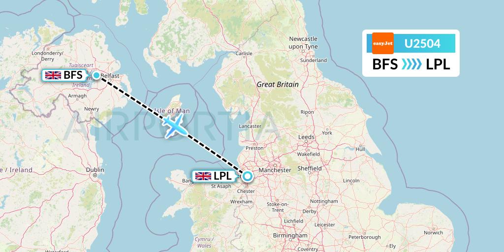 U2504 EasyJet Flight Map: Belfast to Liverpool