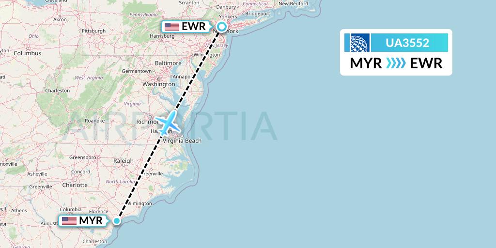 UA3552 United Airlines Flight Map: Myrtle Beach to New York