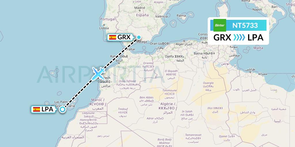 NT5733 Binter Canarias Flight Map: Granada to Las Palmas