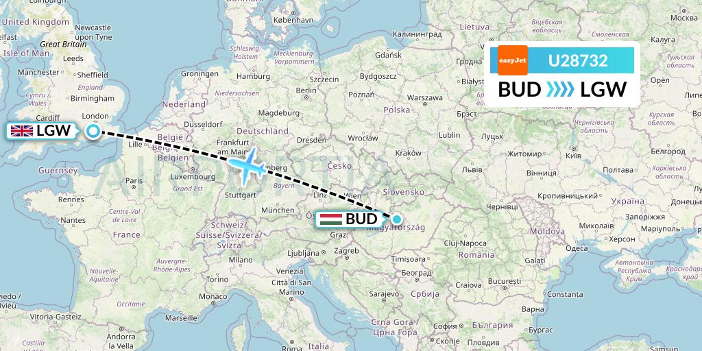 U28732 EasyJet Flight Map: Budapest to London