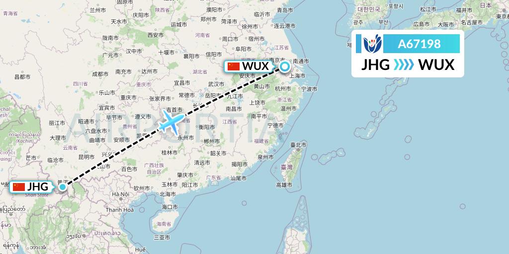 A67198 Hongtu Airlines Flight Map: Jinghong to Wuxi