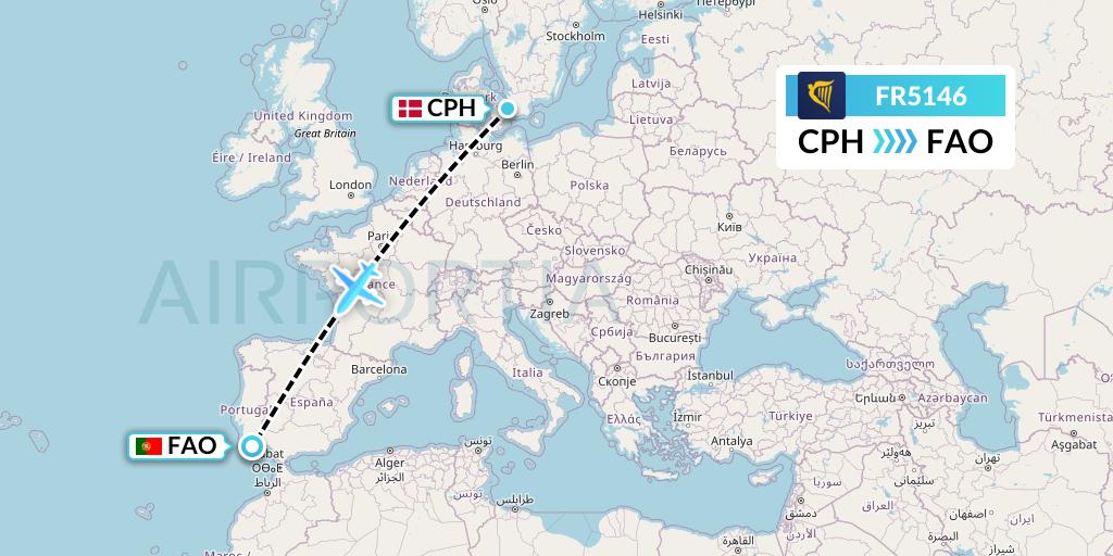 FR5146 Ryanair Flight Map: Copenhagen to Faro