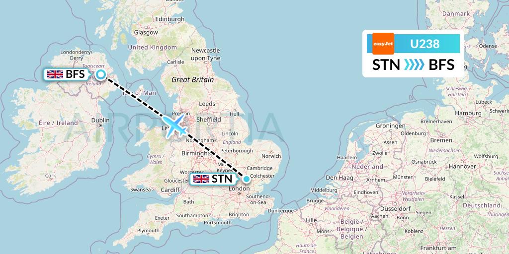 U238 EasyJet Flight Map: London to Belfast