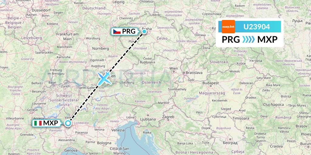 U23904 EasyJet Flight Map: Prague to Milan