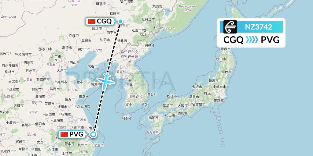 NZ3742 Air New Zealand Flight Map: Changchun to Shanghai