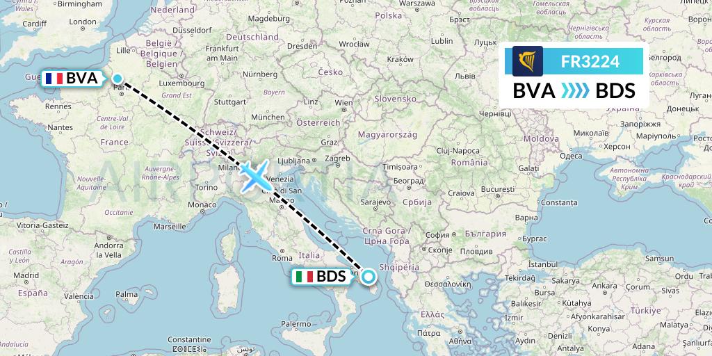 FR3224 Ryanair Flight Map: Paris to Brindisi