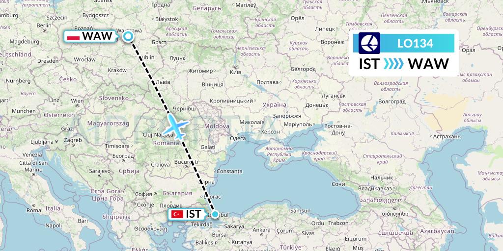 LO134 LOT Flight Map: Istanbul to Warsaw
