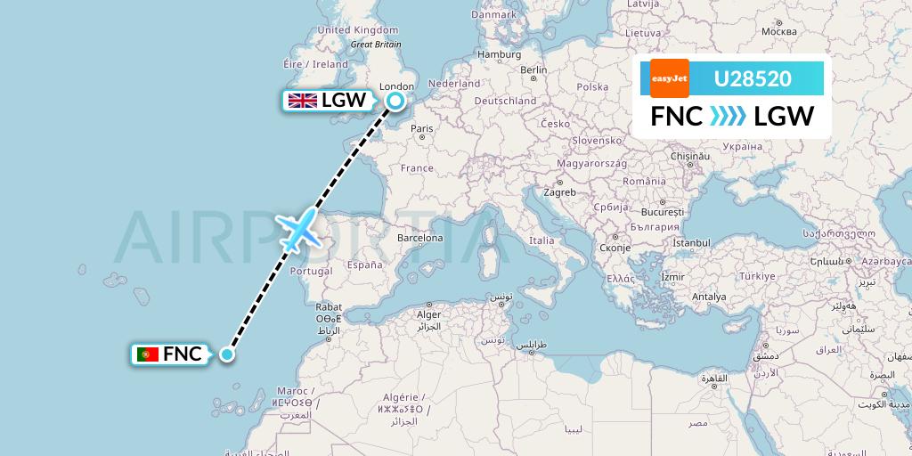 U28520 EasyJet Flight Map: Funchal to London
