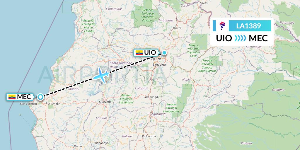 LA1389 LAN Airlines Flight Map: Quito to Manta