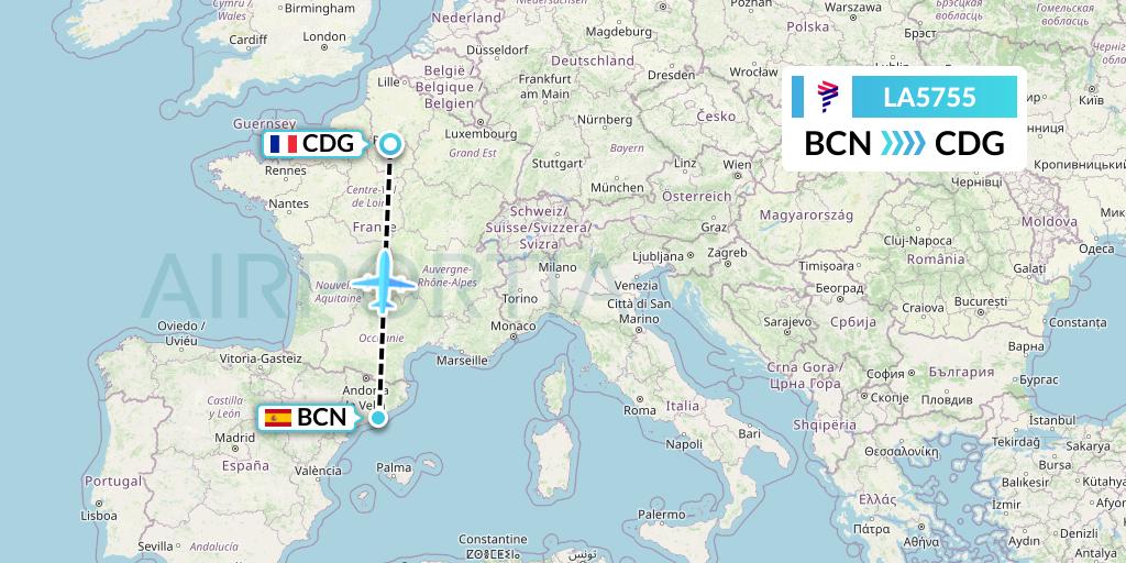 LA5755 LAN Airlines Flight Map: Barcelona to Paris