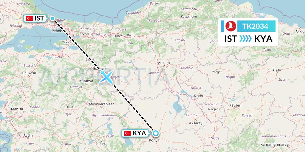 TK2034 Turkish Airlines Flight Map: Istanbul to Konya
