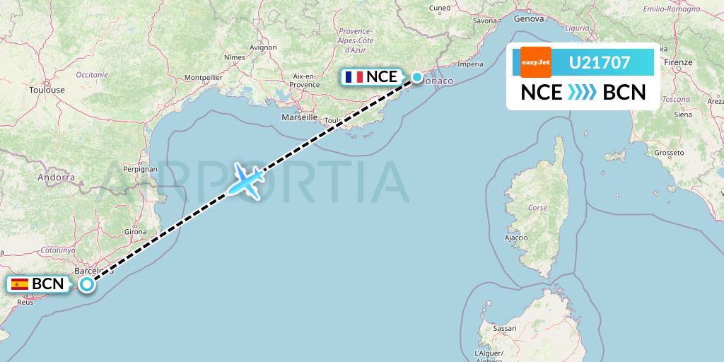 U21707 EasyJet Flight Map: Nice to Barcelona