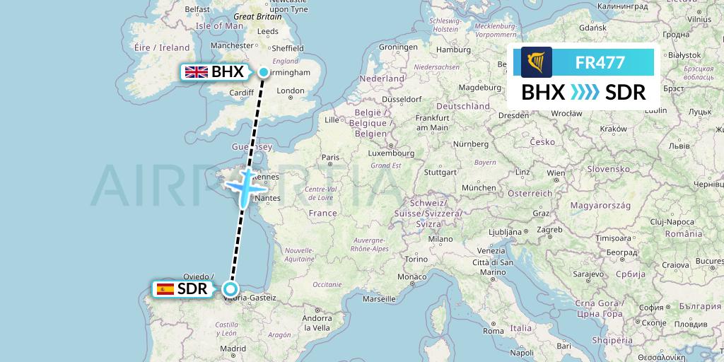 FR477 Ryanair Flight Map: Birmingham to Santander