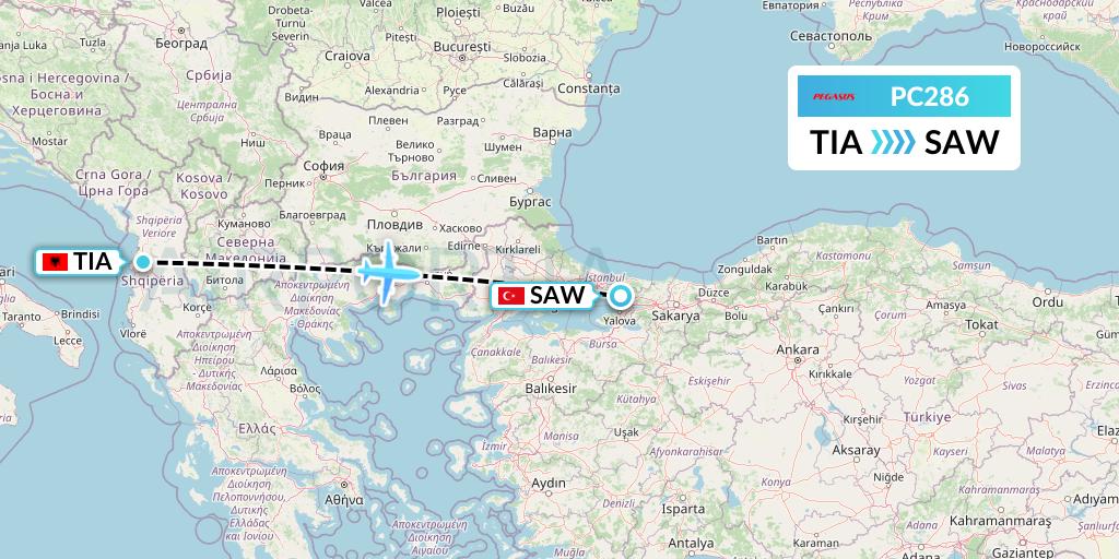 PC286 Pegasus Airlines Flight Map: Tirana to Istanbul