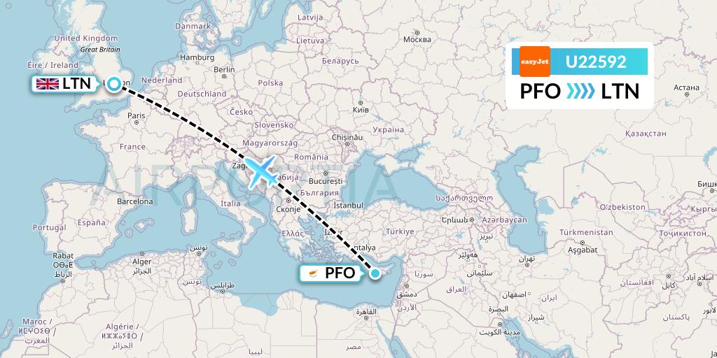 U22592 EasyJet Flight Map: Pafos to London