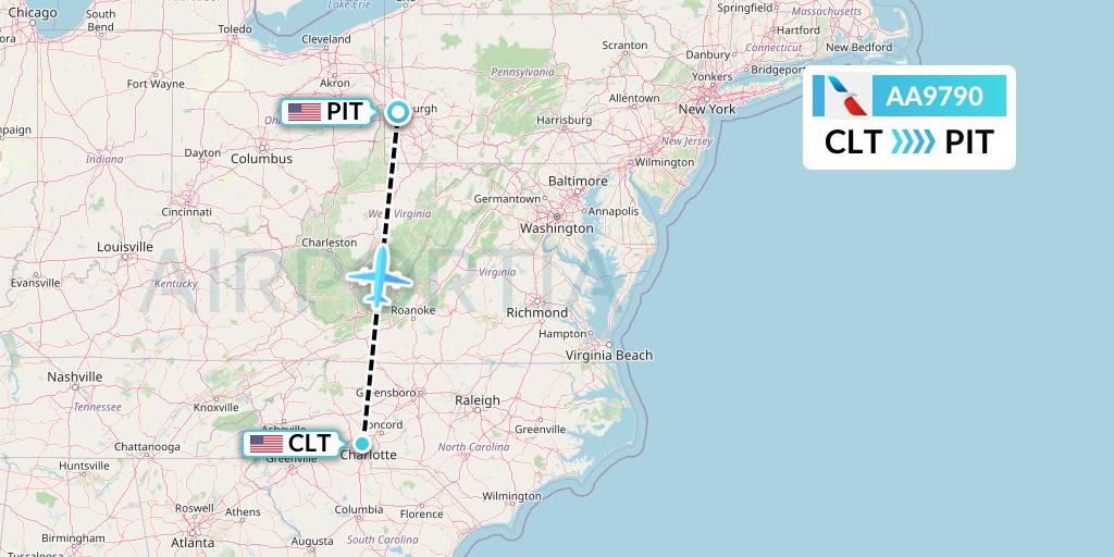 AA9790 American Airlines Flight Map: Charlotte to Pittsburgh
