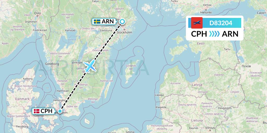 D83204 Norwegian Air International Flight Map: Copenhagen to Stockholm