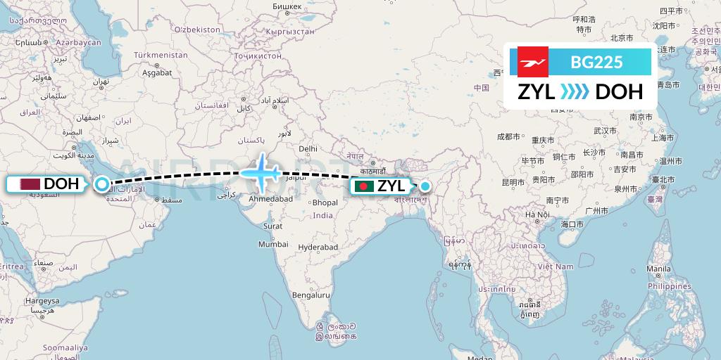 BG225 Biman Bangladesh Airlines Flight Map: Sylhet to Doha