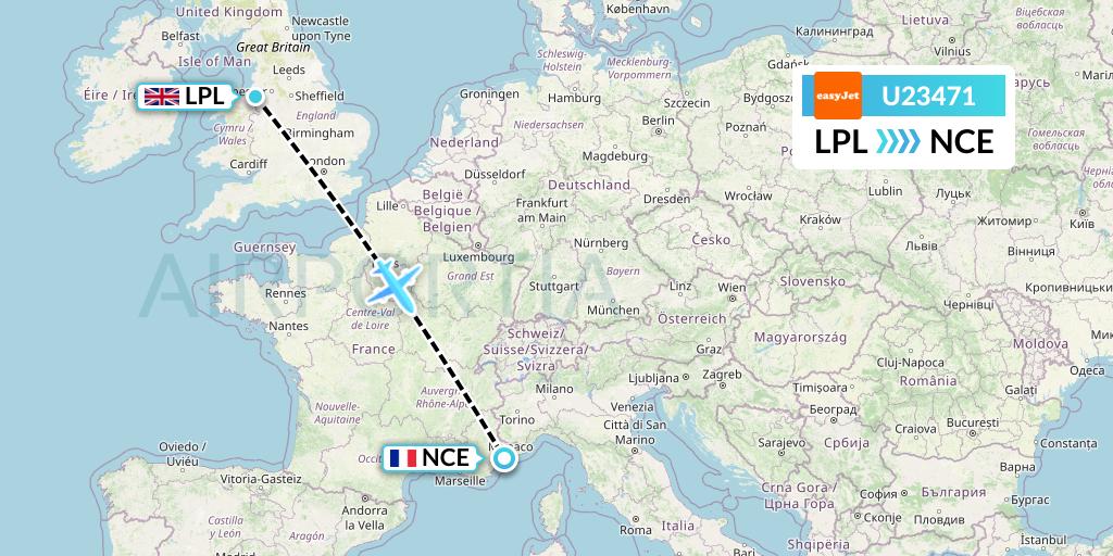 U23471 EasyJet Flight Map: Liverpool to Nice