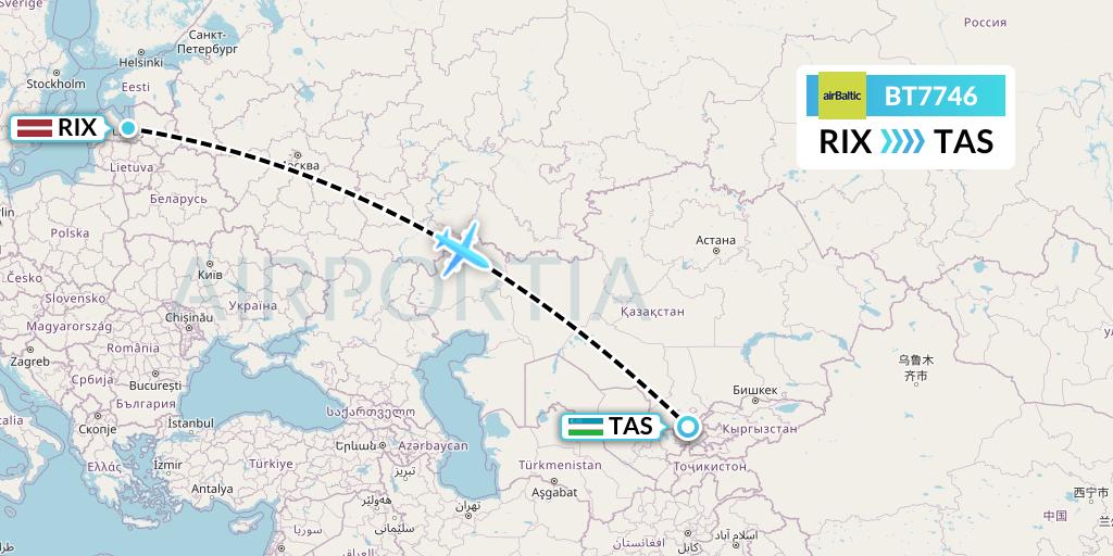 BT7746 Air Baltic Flight Map: Riga to Tashkent