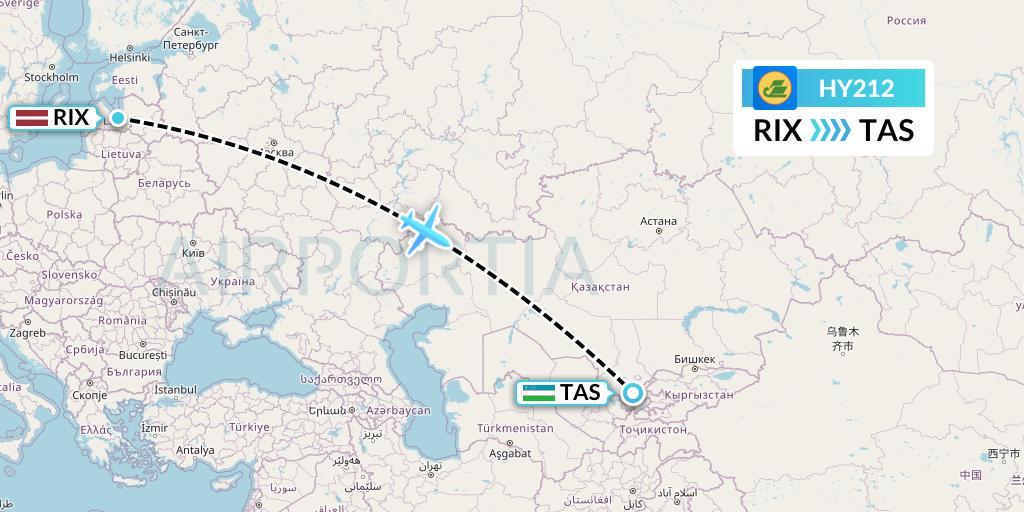 HY212 Uzbekistan Airways Flight Map: Riga to Tashkent