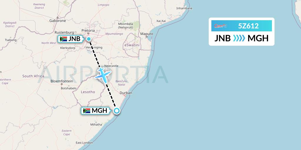 5Z612 CemAir Flight Map: Johannesburg to Margate