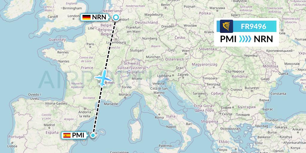 FR9496 Ryanair Flight Map: Palma de Mallorca to Weeze