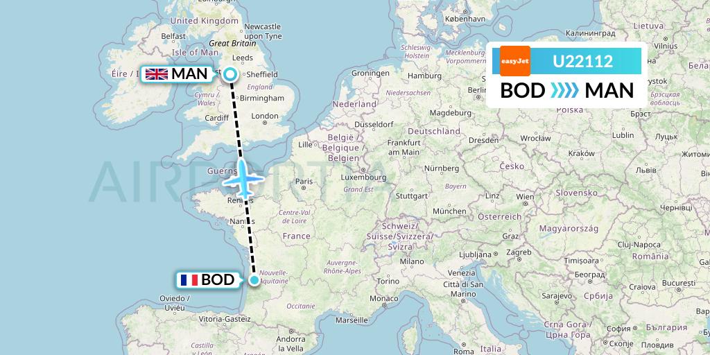 U22112 EasyJet Flight Map: Bordeaux to Manchester