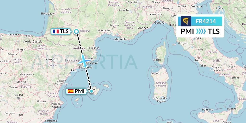 FR4214 Ryanair Flight Map: Palma de Mallorca to Toulouse