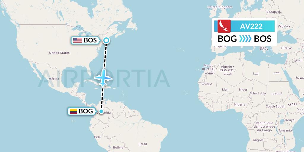 AV222 Avianca Flight Map: Bogota to Boston