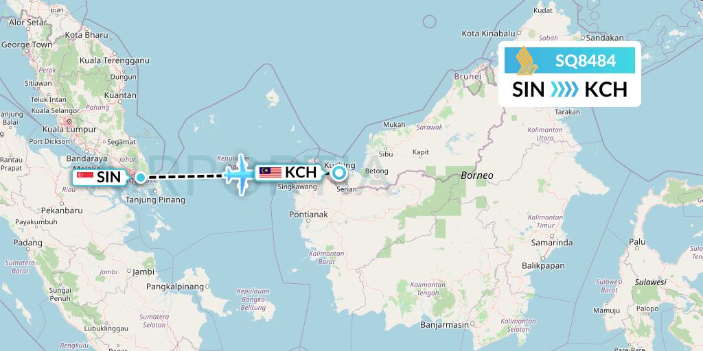 SQ8484 Singapore Airlines Flight Map: Singapore to Kuching