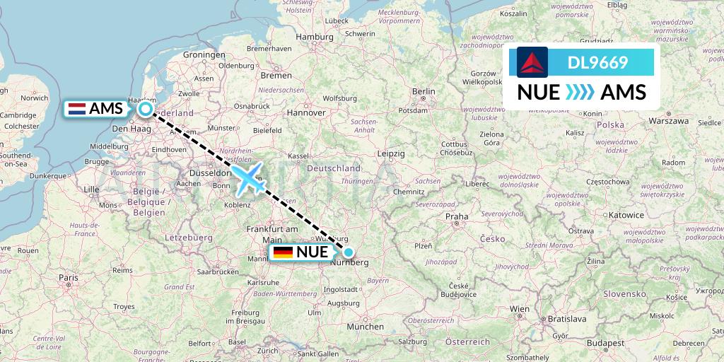 DL9669 Delta Air Lines Flight Map: Nurnberg to Amsterdam