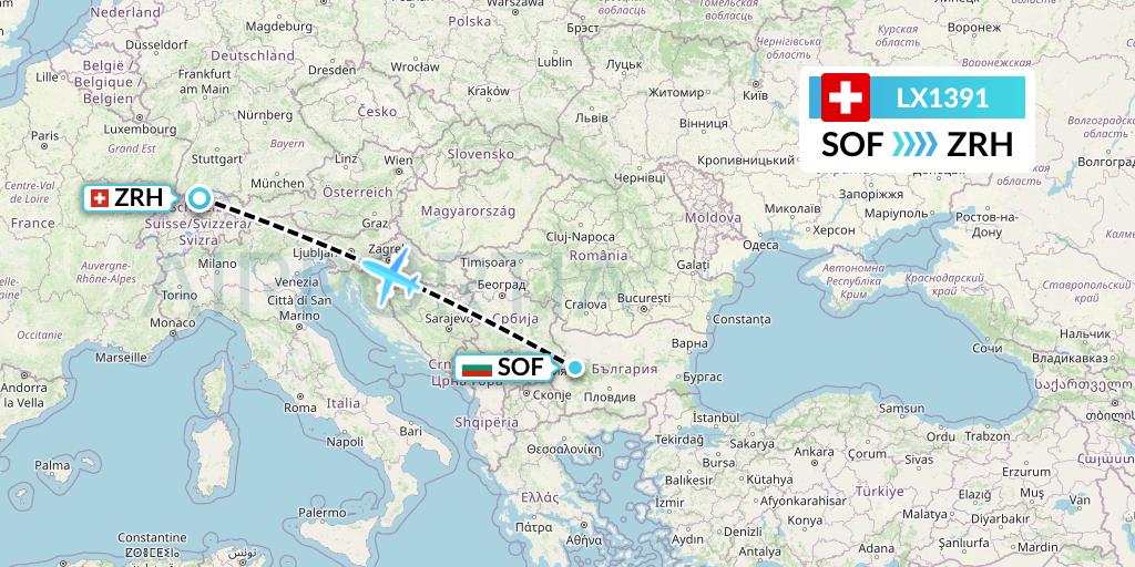 LX1391 Swiss Flight Map: Sofia to Zurich