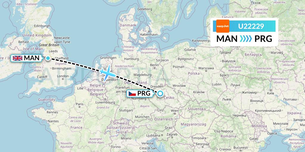 U22229 EasyJet Flight Map: Manchester to Prague