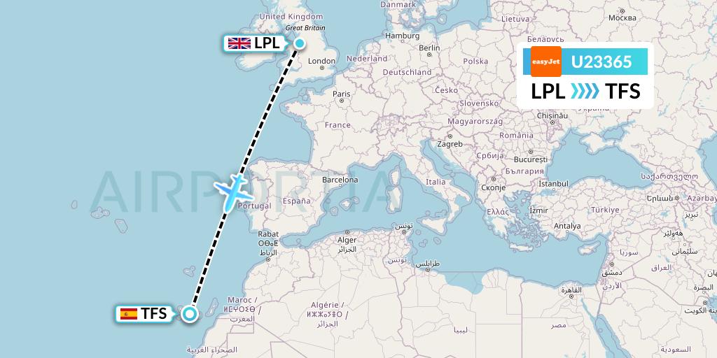 U23365 EasyJet Flight Map: Liverpool to Tenerife