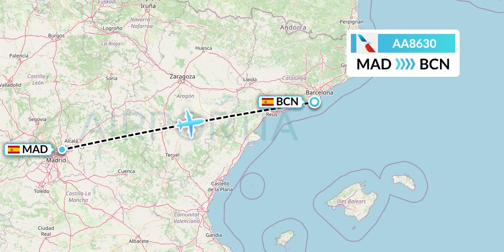AA8630 American Airlines Flight Map: Madrid to Barcelona