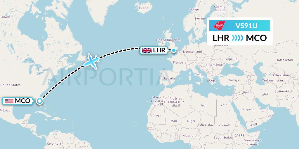 VS91U Virgin Atlantic Airways Flight Map: London to Orlando