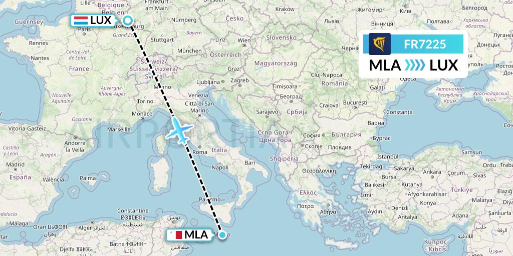 FR7225 Ryanair Flight Map: Malta to Luxembourg