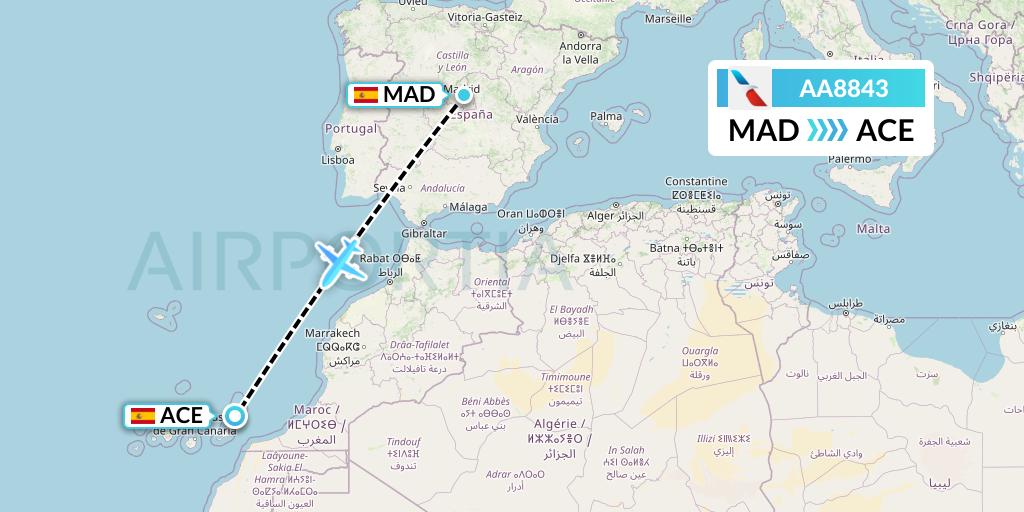 AA8843 American Airlines Flight Map: Madrid to Lanzarote